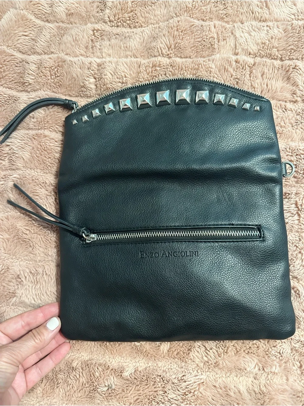 Enzo Angiolini Black Faux Leather Studded Fold-Over Clutch